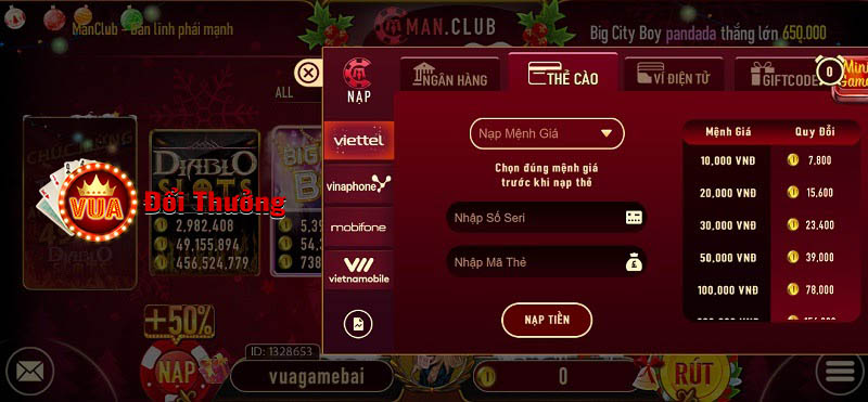 Hướng dẫn nạp tiền Man Club