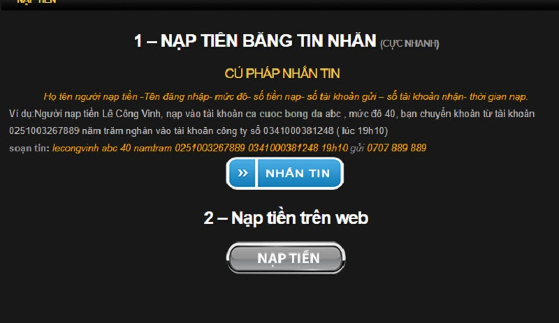 Giao diện nạp tiền tại nhà cái lô đề Casino889