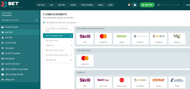 Đa dạng các phương thức nạp tiền tại nhà cái 22Bet