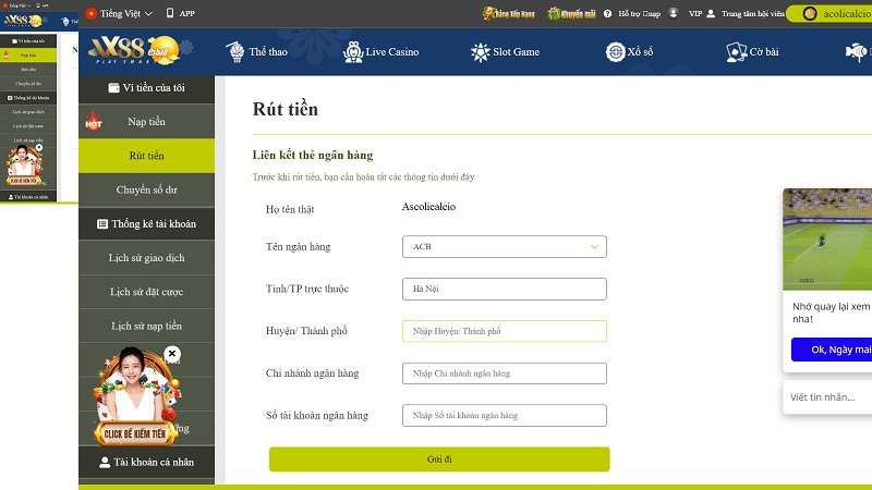 Liên kết ngân hàng để rút tiền tại nhà cái VX88 