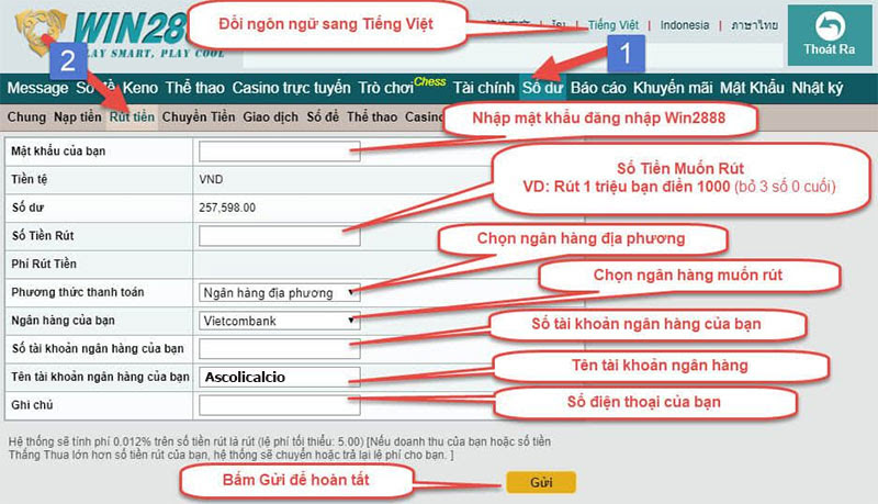 Giao dịch rút tiền siêu tốc tại Win2888