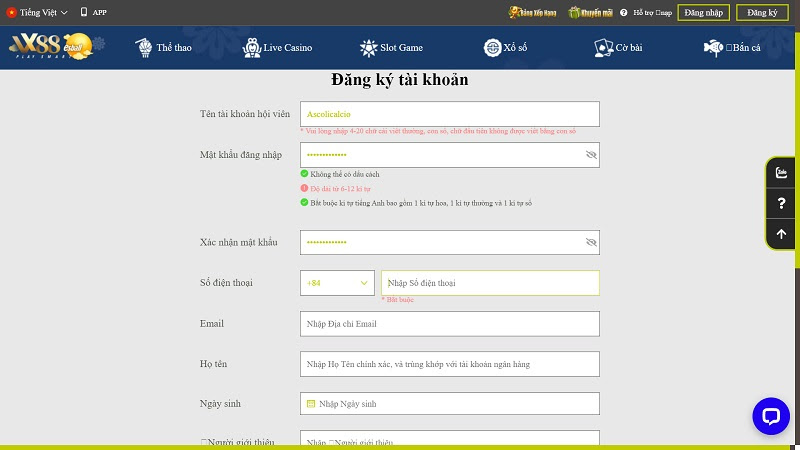 Hướng dẫn đăng ký tài khoản nhà cái VX88 